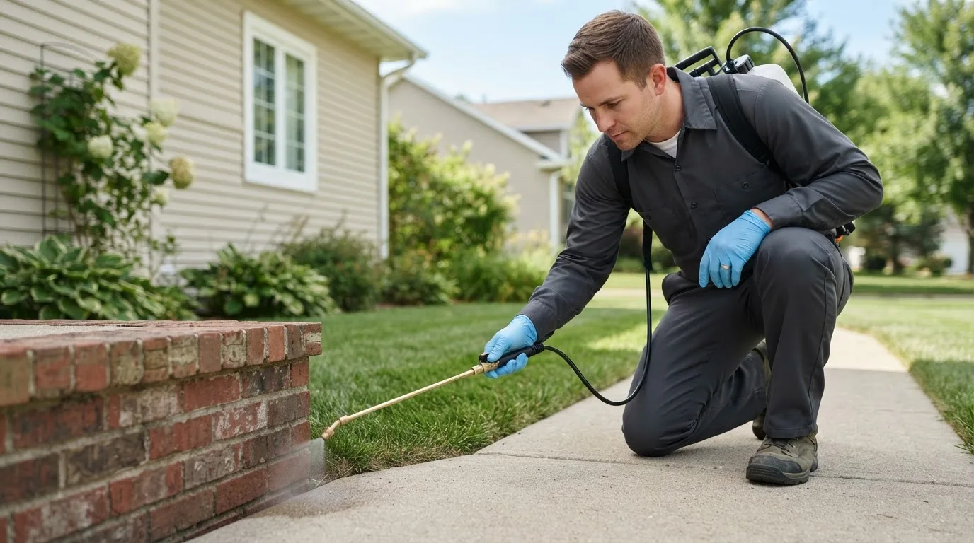 Pest control technician treating a home near Elsmore, KS
