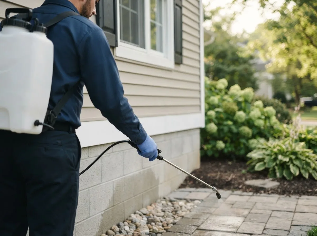 Pest control technician inspecting a home in Elsmore, KS